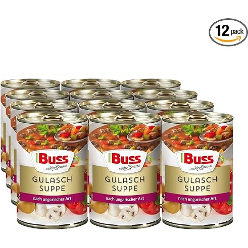 Buss Classic Soups - Hearty Goulash Soup with Beef Goulash - Hungarian Style Soup with Peppers, Mushrooms & Onions - Quick Ready Meals for Warming up in Microwave & Pot - 12 x 400 g