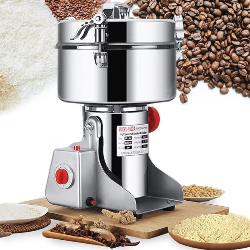Electric Grain Mill, 1500 g, Electric Mill, High Speed Stainless Steel Graining Beef & Commercial Motor Grinding Stone Mill, Grain for Herbs/Spices/Nuts/Cereals with Overload Protection