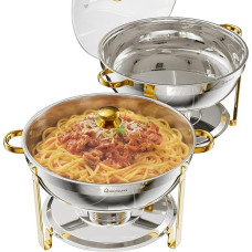 WARMOUNTS Chafing Dish 2er Set 7,5L Gold & Silber, Speisenwärmer Buffet Rund Edelstahl mit Glasdeckel, Warmhaltebehälter Stapelbar Catering Rechaud mit Deckelhalter für Gastronomie, Partys & Events