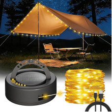 10M Camping Lichterkette Solar, 4-in-1 Verstaubare Camping Licht mit 9 Modi, IP65 / Warmweiß 2700K/ 5200 mAh, USB-C Wiederaufladbare Laterne für Zelt Camping, Weihnachtsdekoration, Terrasse, Party
