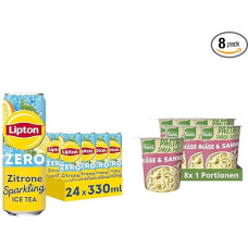 „LIPTON ICE TEA Sparkling Lemon Zero“ – gazuotas gėrimas su citrinų skoniu be cukraus, vienkartinės skardinės (24 x 0,33 l) „Knorr Pasta Snack Pot“ sūrio ir grietinėlės skonio greitojo paruošimo makaronai, paruošti vos per 5 minutes, 8 x 71 g