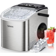 „Silonn“ ledo kubelių gaminimo aparatas, mažas, su nešimo rankena, 9 ledo kubeliai per vos 6 minutes, 12 kg ledo per 24 valandas, savaiminio valymo funkcija, kompaktiškas, su 2 ledo kubelių dydžiais, idealiai tinka virtuvėje, biure, vakarėliuose, sidabrin