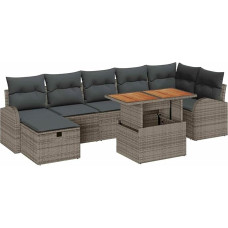 „Rantry“ 8 dalių sodo sofų komplektas su pagalvėlėmis, pilkos spalvos poli-rotango, 2-vietė sodo sofa su daiktų laikymo skyriumi ir pagalvėlėmis, pilkos spalvos poli-rotango, sodo poilsio komplektas, modelis 3361307