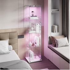 Stiklinė vitrina su LED apšvietimu, vitrina su spyna, dulkių nepraleidžianti stiklinė vitrina kolekcijoms, stacionari stiklinė vitrina, skirta svetainei, miegamajam ir biurui (balta + LED + 1 durys, 4 lygiai)