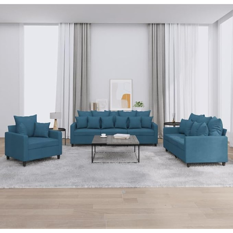 3-TLG. Sofų komplektas su pagalvėlėmis. Sofa. Svetainės sėdimoji grupė. Svetainės sofų rinkinys. Sofos svetainei. Mėlynas aksomas