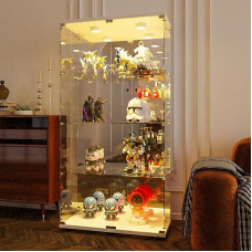 Glass Display Cabinet with 2 Doors and LED Lighting, 4 Tier Lockable Display Cabinet with Mirror Base Independent Bookcase for Living Room and Bedroom White