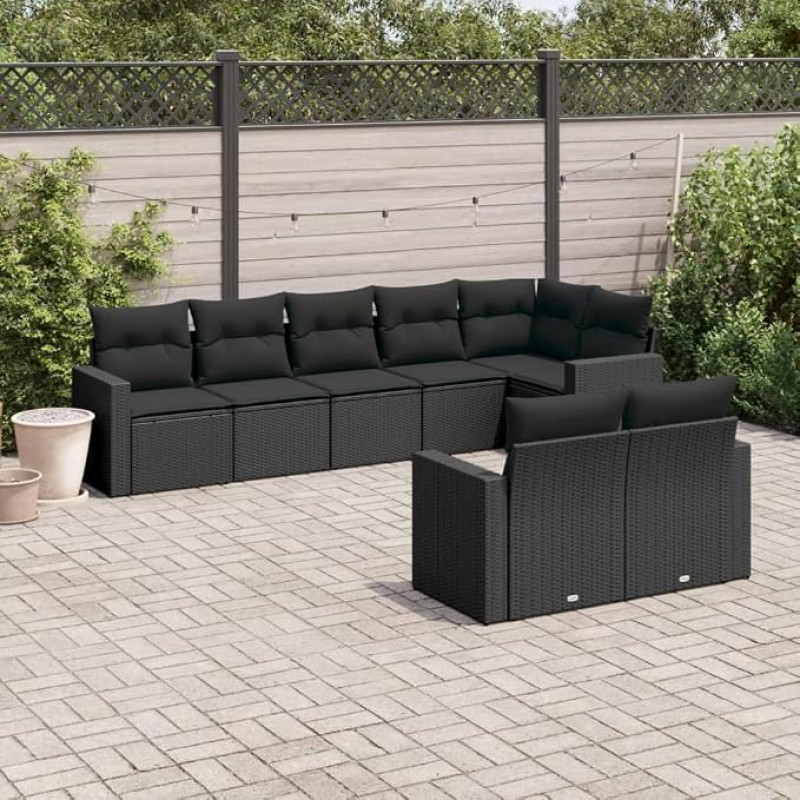 Modulares Gartensofa Set aus Poly Rattan als 8-TLG. Garten-Sofagarnitur mit Kissen in Schwarz und praktischem Stauraum