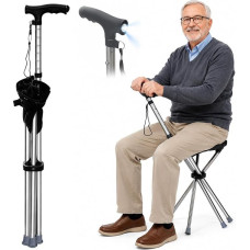 Walking Stick with Seat and LED Torch, 74-96 cm Height Adjustable, Foldable Walking Aid for Seniors, Load Capacity 150 kg, Ideal for Everyday Use, Hiking and Outdoor (Batteries Not Included)