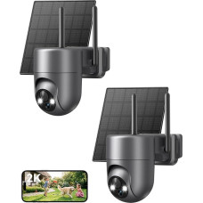 2K Überwachungskamera Aussen Solar WLAN, 2,4 GHz | 360° PTZ Kamera Überwachung Aussen Akku mit PIR-Erkennung, 2-Wege-Audio, Farbige Nachtsicht, IP66 Wasserdicht, 2 Stück