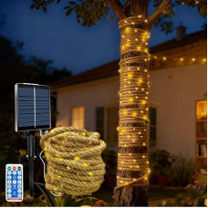 10 m saulės energija maitinamos virvelinės girliandos, 200 LED saulės energija maitinamos kanapių virvelės girliandos su 8 apšvietimo režimais, reguliuojamu apšvietimo intensyvumu, laikmačiu, atsparios vandeniui, skirtos sodo, terasos, balkono, sūpynių ir