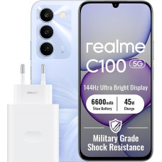 „realme C100 5G“ išmanusis telefonas, 4+128 GB, violetinis | 6600 mAh baterija, 45 W ypač greitas įkrovimas, 6,8 colio LCD ekranas, 144 Hz, 50 MP AI kamera, „MediaTek Dimensity 6300“, IP64