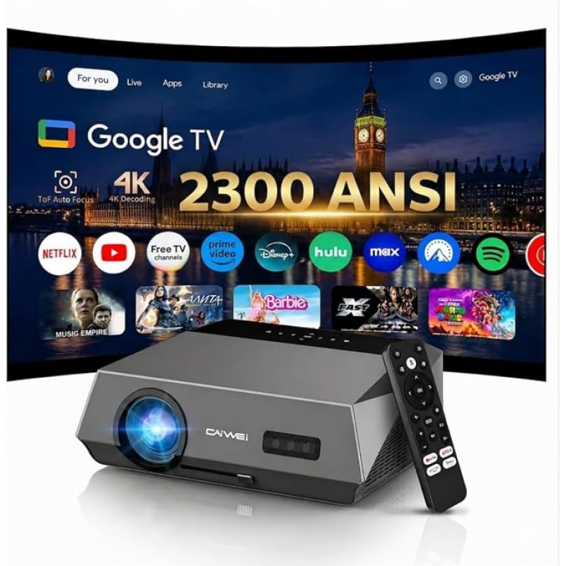 „Daylight“ projektorius, 4K namų kino sistema, pritaikytas naudoti dienos šviesoje, 2300 ANSI, „Ultra HD“, „Smart Google TV“, ToF automatinis fokusavimas, HDMI ARC, NFC, „Dolby“, LED projektorius, AI aušinimas, „WiFi 6“ – filmams šviesioje patalpoje