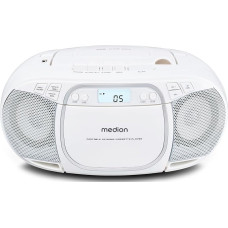 MEDION E66476 stereo garso sistema (boombox, CD grotuvas, MP3, kasetės, nešiojamas kasetės grotuvas vaikams, FM radijas, AUX, ausinės, maitinimas iš elektros tinklo ir baterija) balta