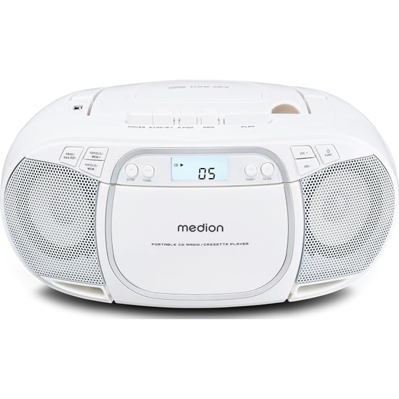 MEDION E66476 stereo garso sistema (boombox, CD grotuvas, MP3, kasetės, nešiojamas kasetės grotuvas vaikams, FM radijas, AUX, ausinės, maitinimas iš elektros tinklo ir baterija) balta