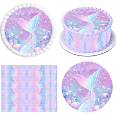Mermaid Cake Topper, 1 Piece, Edible Cake Decoration, Diameter 20 cm | Pack of 4 edible cake ribbons, 24 cm x 5 cm, mermaid cake decoration for girls' birthday, cake picture sea theme party