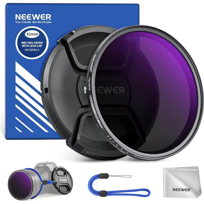 „NEEWER“ 82 mm ND2-400 (1–9 stopų) reguliuojamas ND filtras su objektyvo dangteliu, nešimo dirželiu, valymo skepetėle, tiksliu neutralaus tankio filtro reguliavimu, atsparus pirštų atspaudams ir įbrėžimams, pagamintas iš daugiasluoksnio optinio stiklo