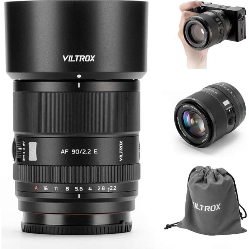 „VILTROX“ 90 mm F2.2 EVO FE objektyvas, skirtas „Sony“ E-mount fotoaparatams – teleobjektyvas su didele diafragma, automatiniu fokusavimu, pritaikytas APS-C jutikliui, skirtas „Sony“ A7V, A7RV, ZV-E1, a6400, a6500, a6600 modeliams