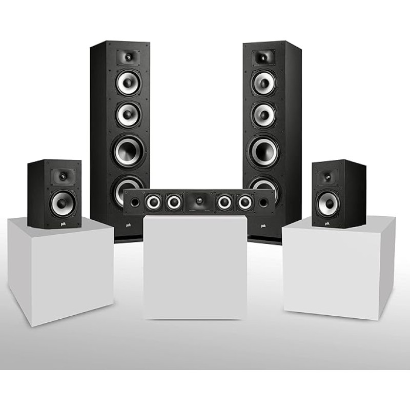 „Polk Audio“ „Monitor XT“ serijos 5.0 namų kino garso sistema, erdvinio garso sistema, susidedanti iš 2 grindinių garsiakalbių MXT70, 1 poros erdvinio garso garsiakalbių MXT20 ir 1 centrinio garsiakalbio MXT35