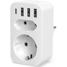 „HITRENDS“ dvigubas kištukinis lizdo adapteris, 2 išėjimų lizdas su 3 USB-A ir 1 USB-C jungtimis, elektros paskirstytuvas 4000 W, 16 A (5 V/3,4 A), dvigubas kištukas, skirtas kištukiniam lizdui, suderinamas su „iPhone“, „iPad“ ir planšetėmis – baltas