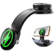 Magnetinis automobilinis mobiliojo telefono laikiklis su 15 W įkrovimo funkcija ir tvirta siurbtuku, lanksčiu aliumininiu laikikliu bei 360° reguliavimo galimybe, skirtas prietaisų skydeliui ir priekinio stiklo, tinka „Magsafe“ „iPhone“ 17–12 modeliams