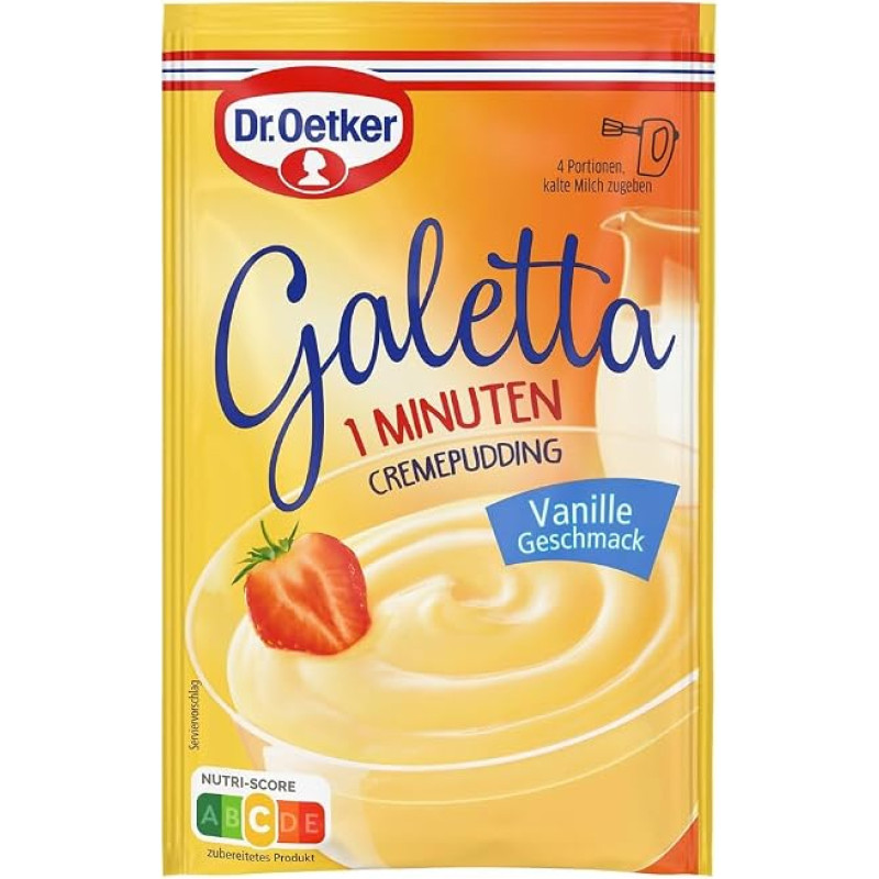 „Dr. Oetker Galetta“ vanilės skonio: 80 g vanilės skonio grietinėlės pudingo, paruošimo laikas – 1 minutė