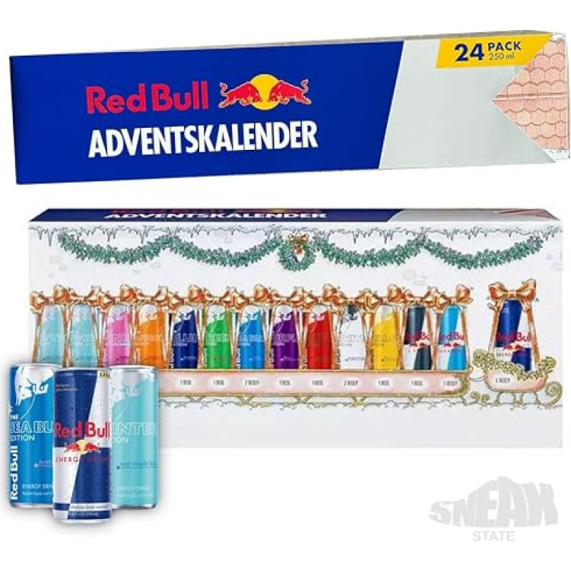 Red Bull Adventskalender 2025 - Offizieller RedBull Weihnachtskalender -NEUHEIT- 24x 0,25 L Getränke Dosen Advent Kalender, verschiedene Sorten Redbull, inkl. JUNG Cosmo Spray Exklusiv 200ml