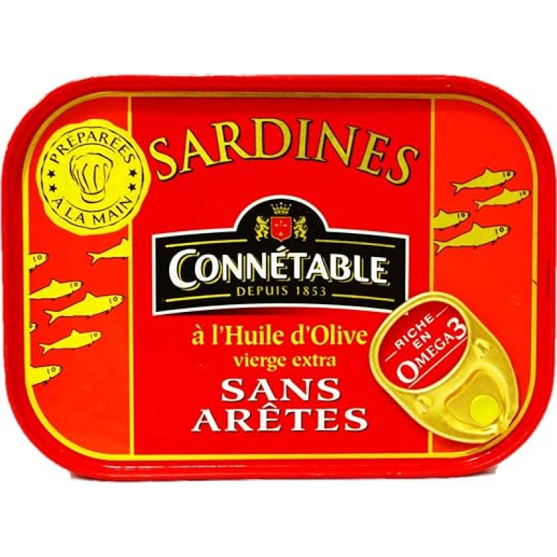 „Connétable“ sardinės be kaulelių su aukščiausios kokybės pirmojo spaudimo alyvuogių aliejumi – dėžutė su 80,5 g grynosios masės nuvarvintų sardinių