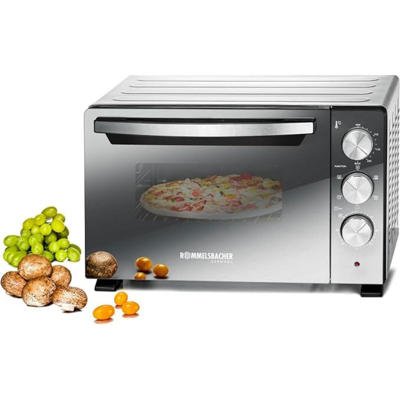 ROMMELSBACHER BGS Baking & Grill Oven 1400-22 Litre Volume, Non-Stick Baking Compartment, 6 Heating Types, Rotisserie Spit, 60 Min. Timer, Double Glazing, Silver, 1380 W