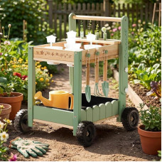 ROBOTIME Wooden Garden Trolley for Children, Outdoor Garden Trolley with 4 Plant Cups & 4 Hydroponic Test Tubes, Watering Can, 3 Garden Tools, Plant Labels & Plant Log Cards, from 3 Years (Green)