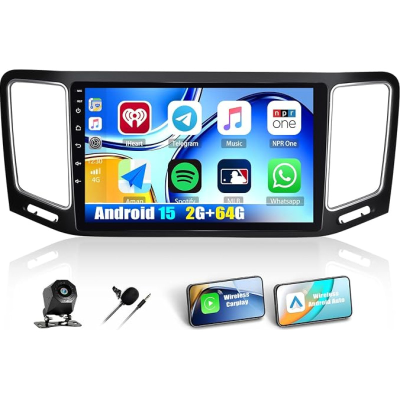CAMECHO 2+64 GB „Android 15“ automobilių radijas, skirtas „VW Sharan II 7N“ ir „Seat Alhambra II“ (2012–2015 m.), 9 colių 2,5D stiklinis ekranas, belaidis „CarPlay“ ir „Android Auto“, GPS navigacija, „Wi-Fi“, komplekte su AHD galinio vaizdo kamera