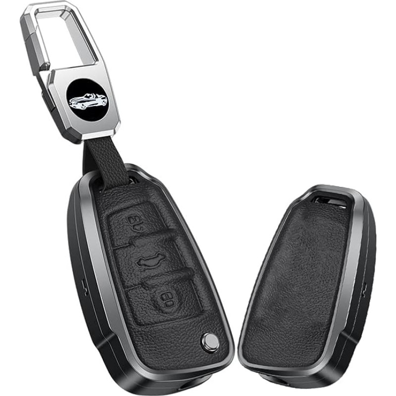 KUNIO Flip Key Case Suitable for Audi C5 C6 R8 A1 A3 A4 A5 A6 A7 Q3 Q5 Q7 S6 B6 B7 B8 8P 8V 8L Aluminium Alloy Leather Car Key Case Protective Key Fob 3 Buttons Black