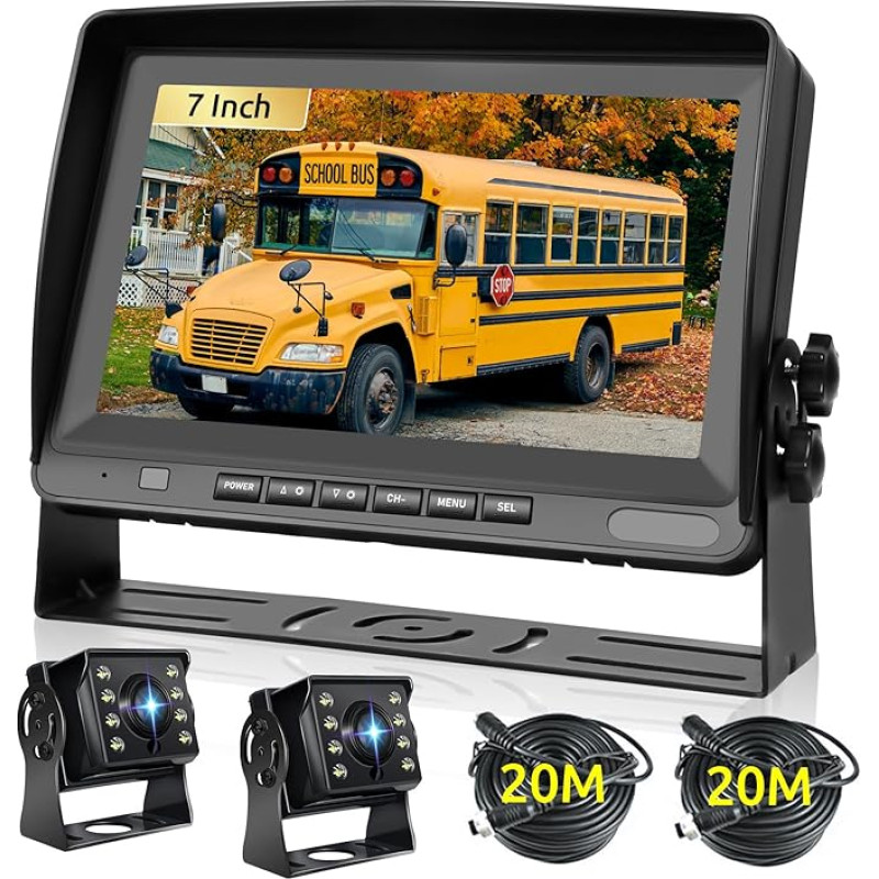 Podofo Reversing Camera Cable AHD with 8 Inch Monitor Kit with 2 Cameras 2 x 20 m Cable IP69 Waterproof Night Vision 2 CHN Applicable for Trucks and Motorhomes DC 12-24 V