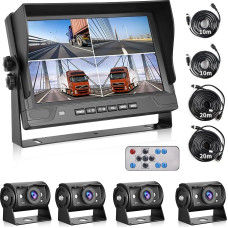 Hodozzy 1080P Reversing Camera 4 Cameras with 9 Inch DVR 4 Split Monitor, 4 AHD Cameras IP68 Waterproof Night Vision, Front Side Rear Camera with Cable 2 x 10 m + 2 x 20 m, for Truck Trailer Motorhome