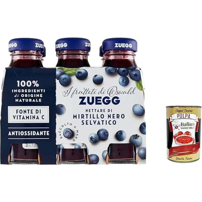 ZUEGG Nettare di Mirtillo Nero Selvatico, laukinių mėlynių sulčių buteliukai stikliniai 125 ml + itališka gurmaniška polpa 400 g, 6 vnt.