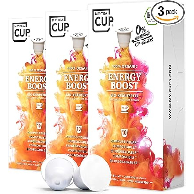 My Tea Cup - Tea Capsules Energy Boost 3 x 10 Capsules I Organic Herbal Tea I 30 Capsules for Nespresso®³ Capsule Machines I 100% Industrial Compostable & Sustainable - 0% Aluminium