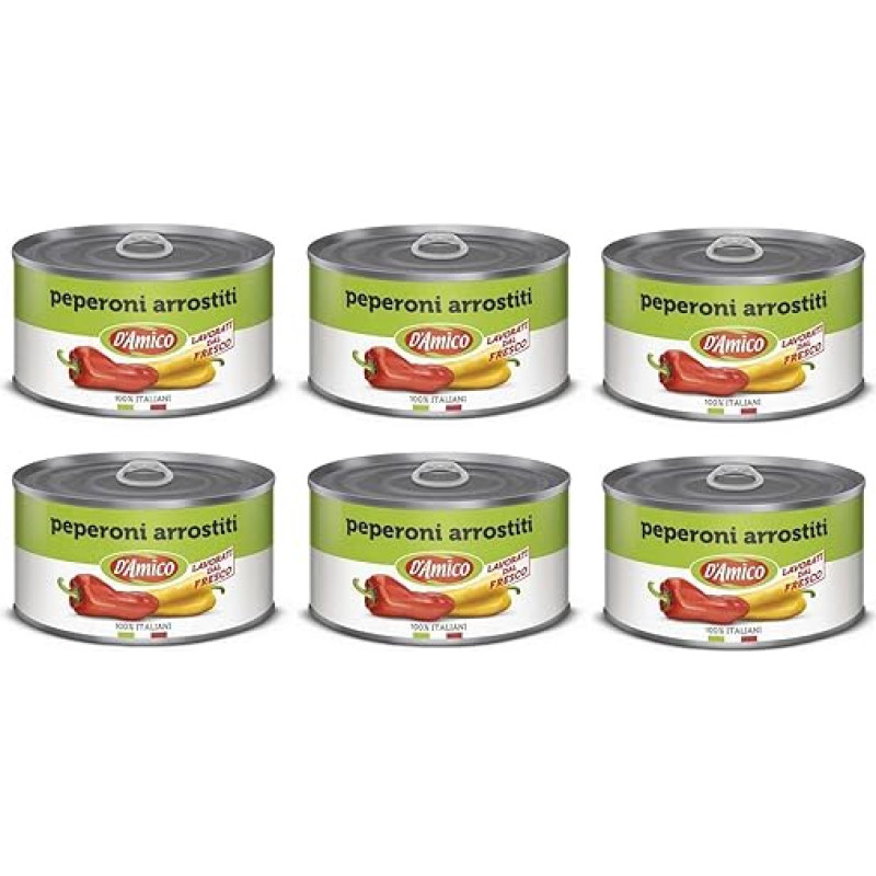 D'Amico Peperoni Arrostiti Interi e Spellati Whole and Peeled Roasted Peppers Freshly Processed 400 g Pack of 6