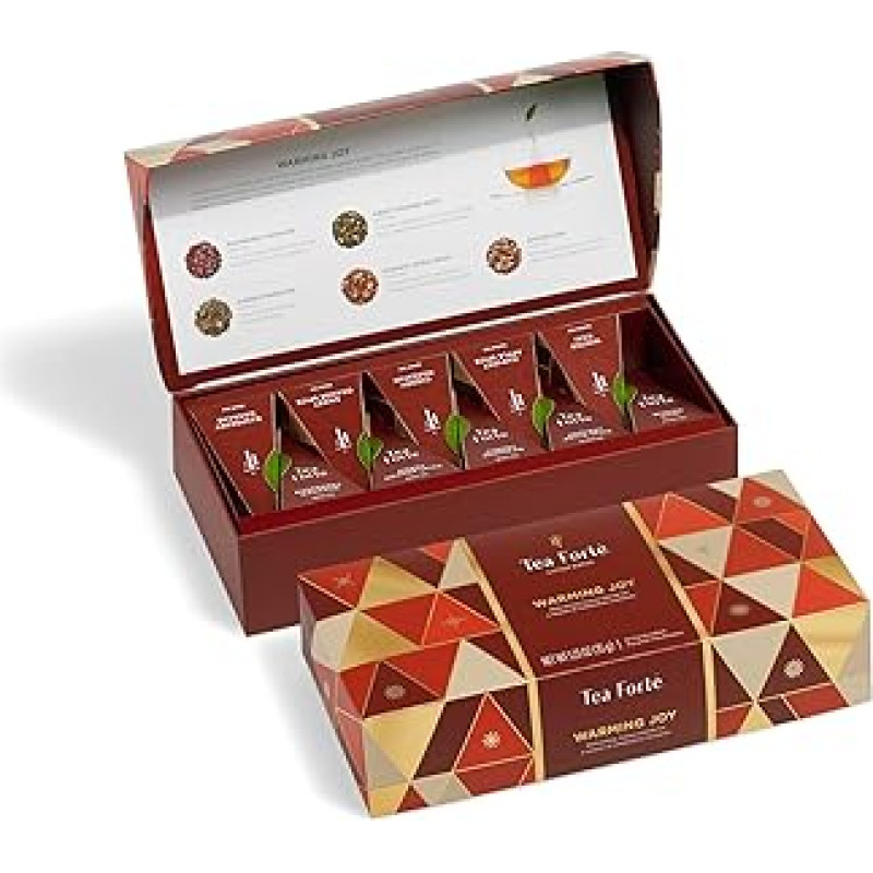 Tea Forte, Petite Presentation Teekiste Geschenkset 10 verschiedene Sorten Handgefertigter Pyramiden-Teesiebbeutel - Warming Joy Chest