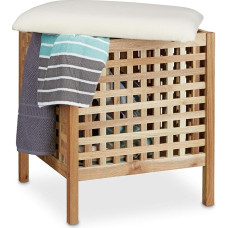Relaxdays Badhocker Walnuss mit Wäschesammler HBT: 52 x 49 x 49 cm Badhocker mit Sitzkissen aus Leinen und Wäschekorb 52 Liter Sitzhocker mit Stauraum aus Massiv Walnuss Holz, natur weiß