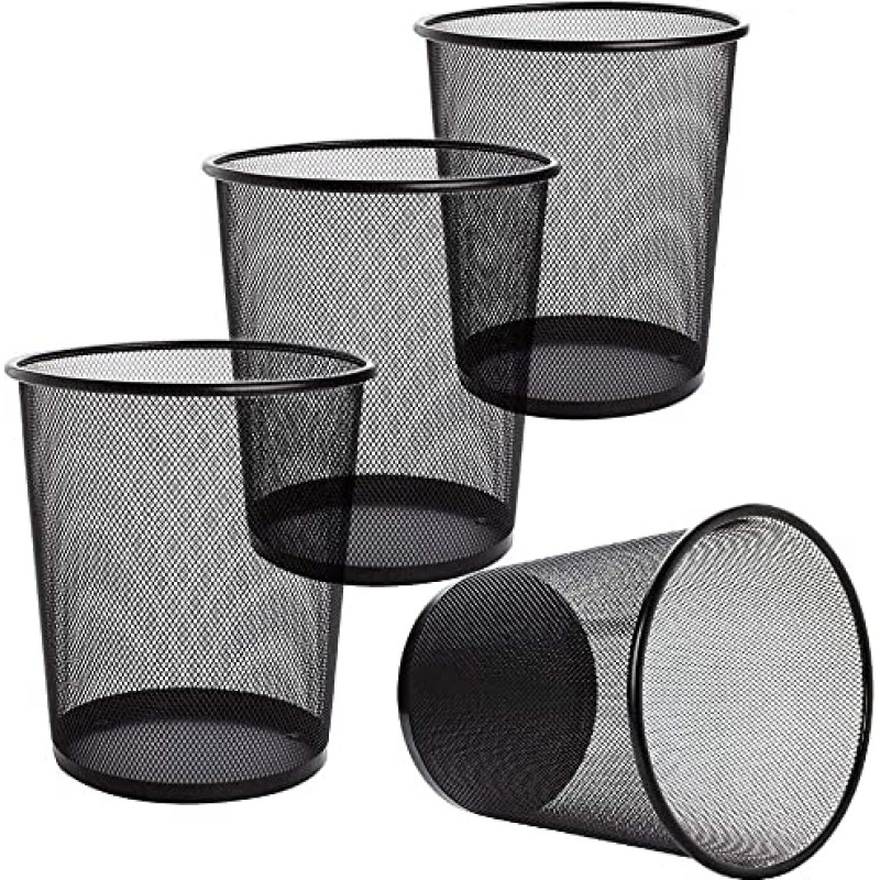 Tebery 4 Pieces Wire Mesh Waste Paper Bin, 12L Metal Trash Bin, Office Waste Bin, Paper Bin, for Kitchen, Home Office, Dorm, Black