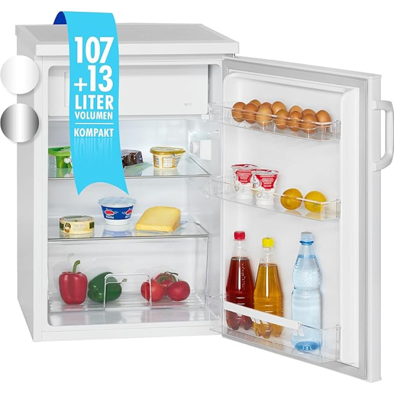 Bomann® Kühlschrank mit Gefrierfach | Getränkekühlschrank mit 120L Nutzinhalt und 2 Glasablagen | Türanschlag wechselbar | kleiner Kühlschrank mit stufenloser Temperaturregelung | KS 2194.1 weiß