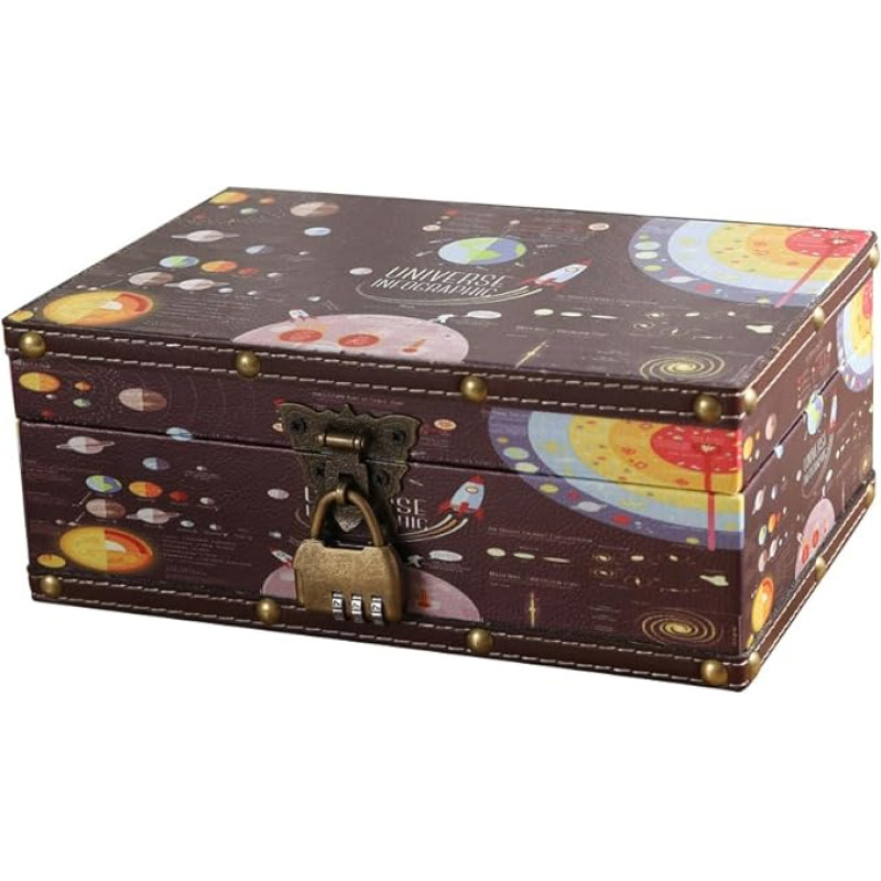 Wooden and Leather Treasure Chest with Lid and Lock Decorative Jewelry Storage Box for Kids Teens Birthday Wedding Nursery Home Decor Mysterious Pattern