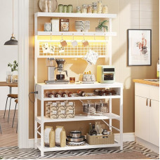 Itaar Baker's Rack with Socket, 6-Tier Coffee Bar, Microwave Stand with Wine Rack, LED Lights and 10 Hooks, Baker's Racks for Kitchen with Storage Space, White