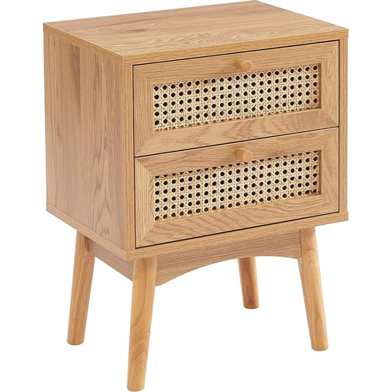 BAÏTA INES Oak Effect Rattan Weave Bedside Table with 2 Drawers