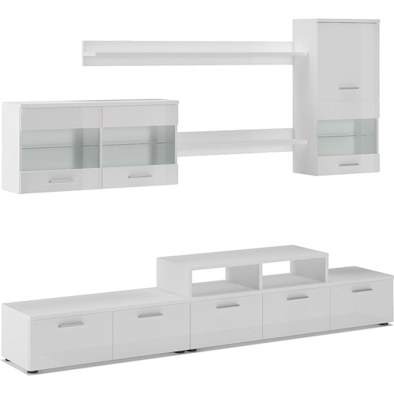 Skraut Home - Wohnzimmermöbel - 194 x 250 x 42 cm - LED-Beleuchtungssystem - Alfa II-Modell - große Speicherkapazität - moderner Stil - weißes Finish