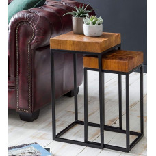 KADIMA DESIGN Plono dizaino 2 šešamo metalo staliukų rinkinys Mažas kavos staliukas 2 mediniai staliukai Medžio masyvo svetainės staliukas Metalinio rėmo sofos staliukas Rožinio medžio staliukas