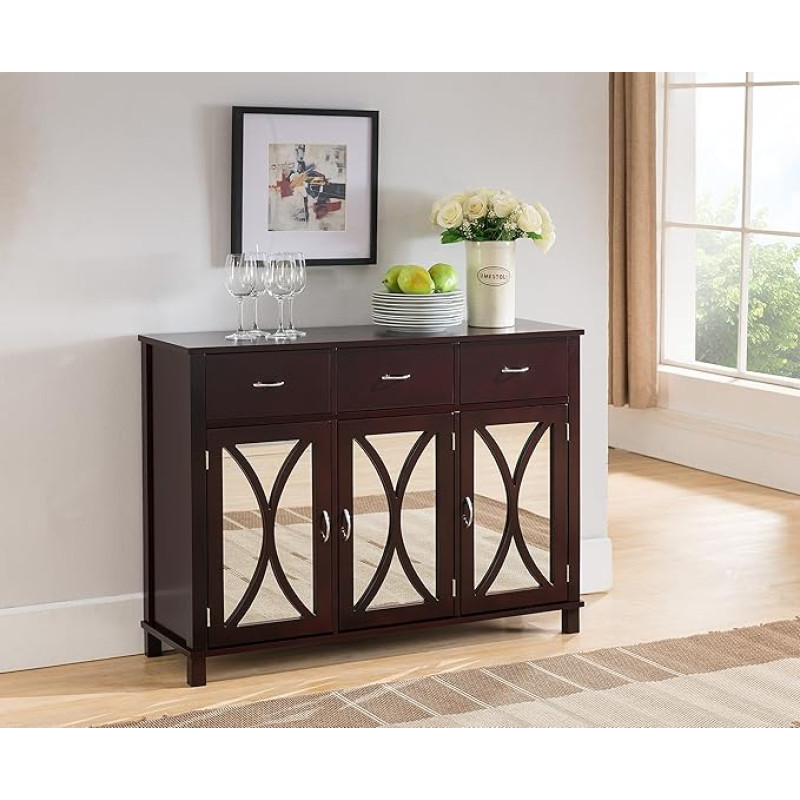 Kings Brand Rutheron Buffet Server Cabinet Console Table Mirror Doors Espresso