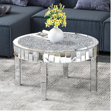 SHYFOY Mirrored Coffee Table Crystal, Round Living Room Table, Sofa Table for Living Room, Top with Crystal Diamonds, MDF Structure, Easy Assembly, Luxurious Mirror Furniture, Silver