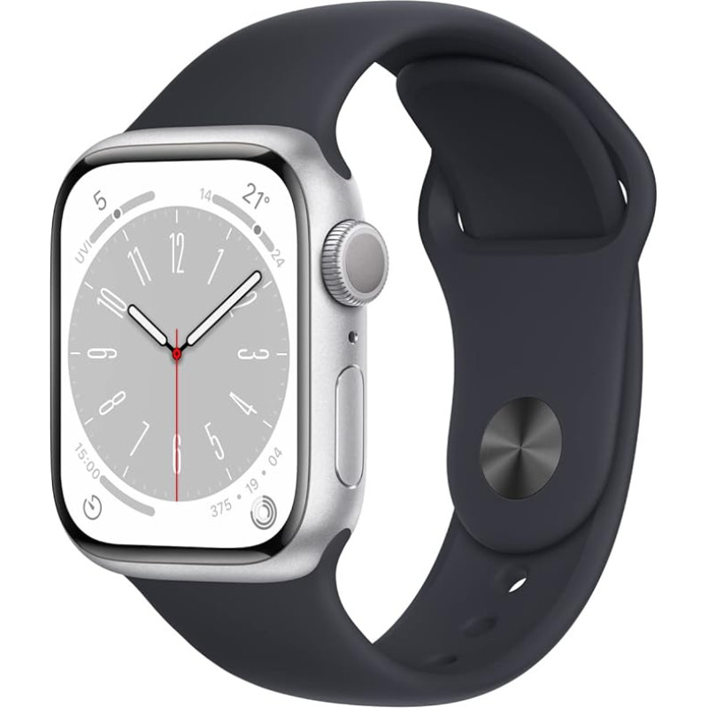 Apple Watch Series 8 (GPS, 41 mm) - Silver Aluminium Case with Midnight Sports Strap (Refurbished)