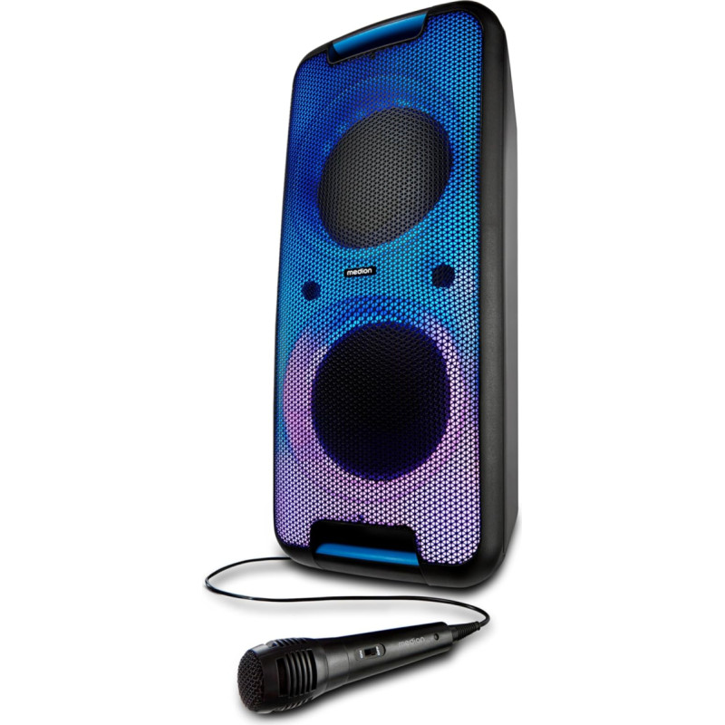 MEDION P61080 Party Sound System (Party Speaker with Microphone, Karaoke, Battery, Bluetooth, True Wireless Stereo, 2 x 450 Watt, Coloured LED, 2 x USB, 2 x Aux, 2 x Microphone Connection, Compact