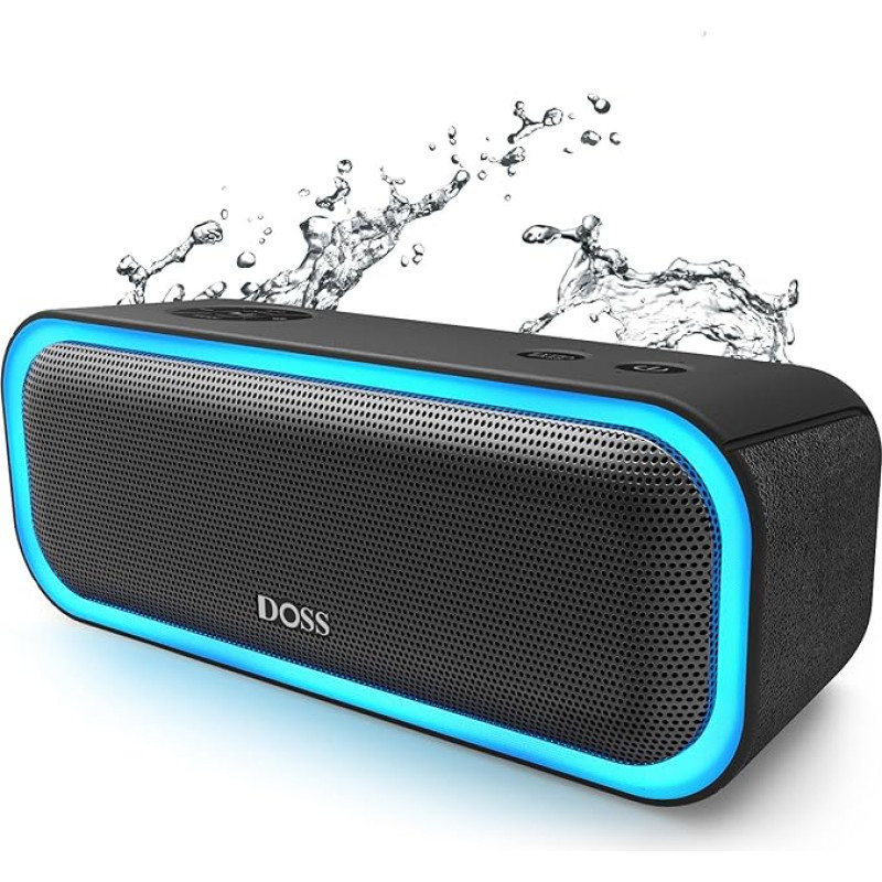 DOSS Bluetooth Speaker, SoundBox Pro Music Box Bluetooth, 20 W, Multicoloured Lights, IPX5 Waterproof, 20H Battery, Wireless Stereo Pairing, Bluetooth Box for Mobile Phone, Outdoor, Beach - Black